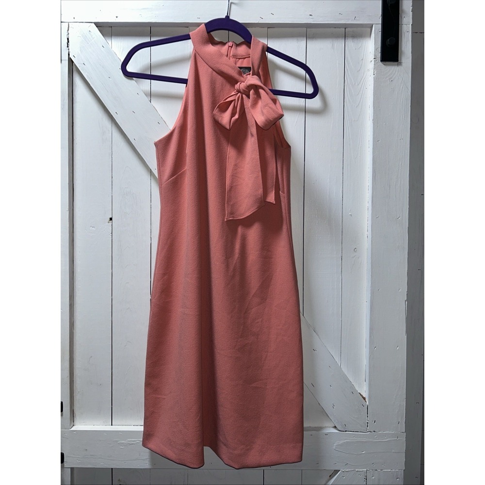 Vince Camuto Womens Neck Bow Tie Sleeveless Crêpe Shift Dress Hot Coral Size 4